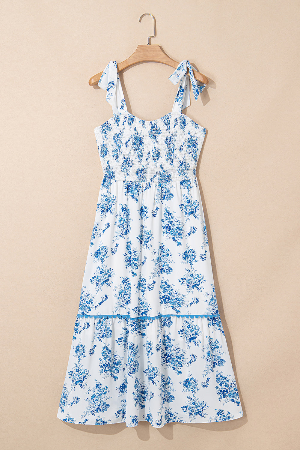 Sky Blue Floral Print Smocked Knot Shoulder Sleeveless Midi Dress