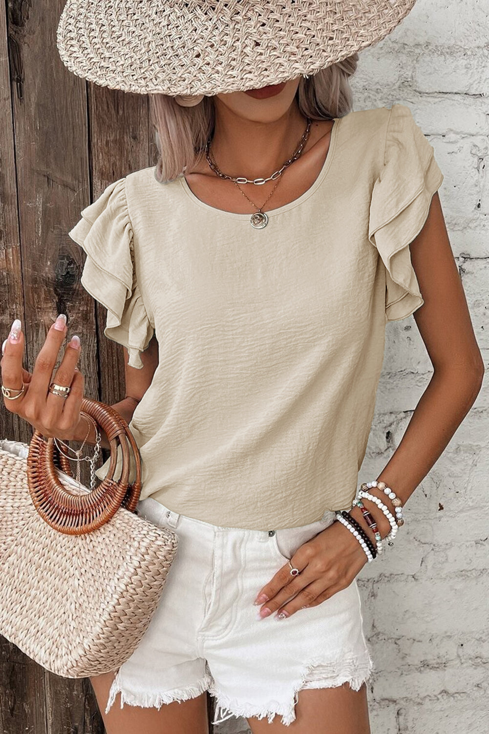Clearly Aqua Solid Color Ruffle Sleeve Crinkled Blouse