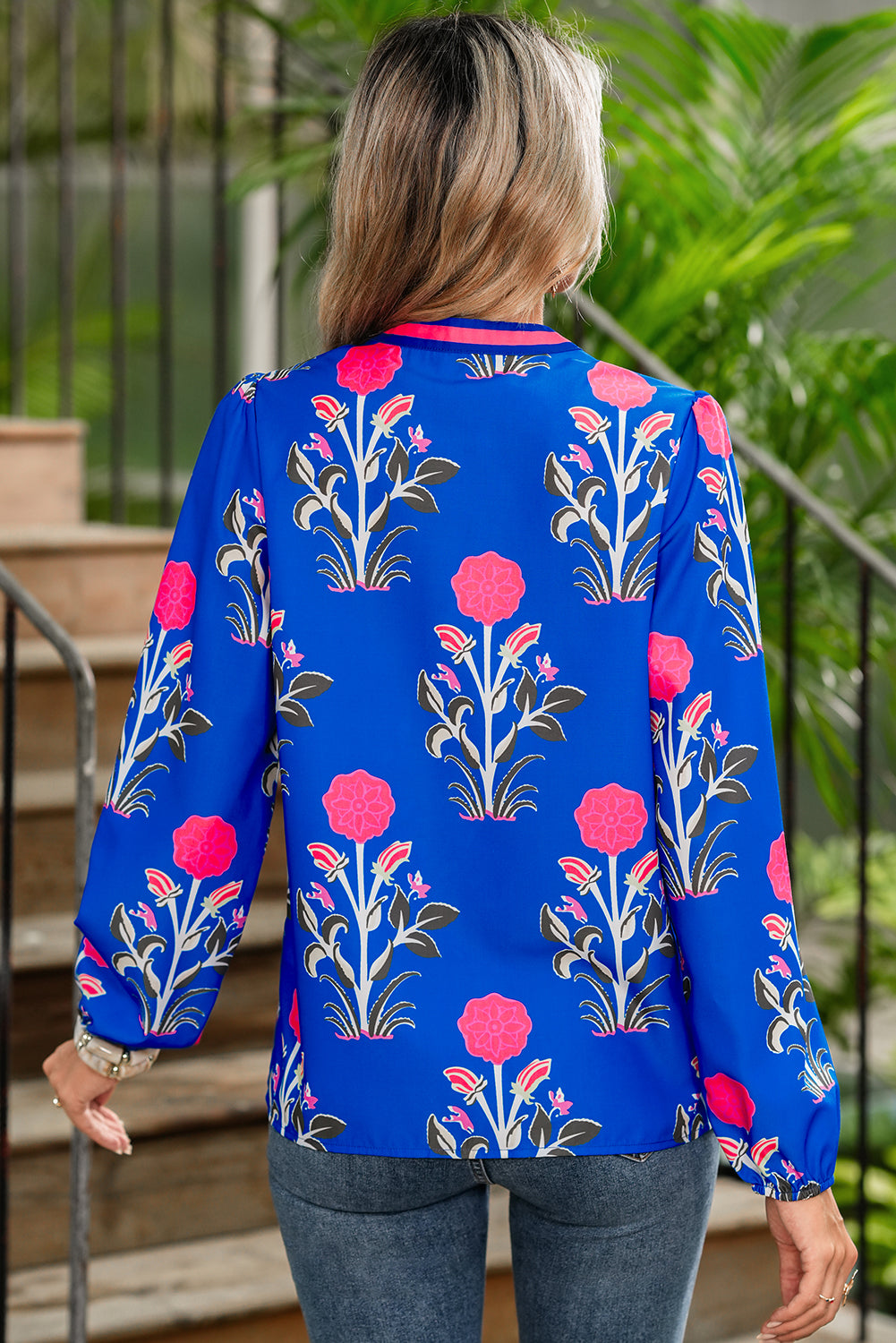 Blue Floral Print Pop Of Color V Neck Puff Sleeve Blouse