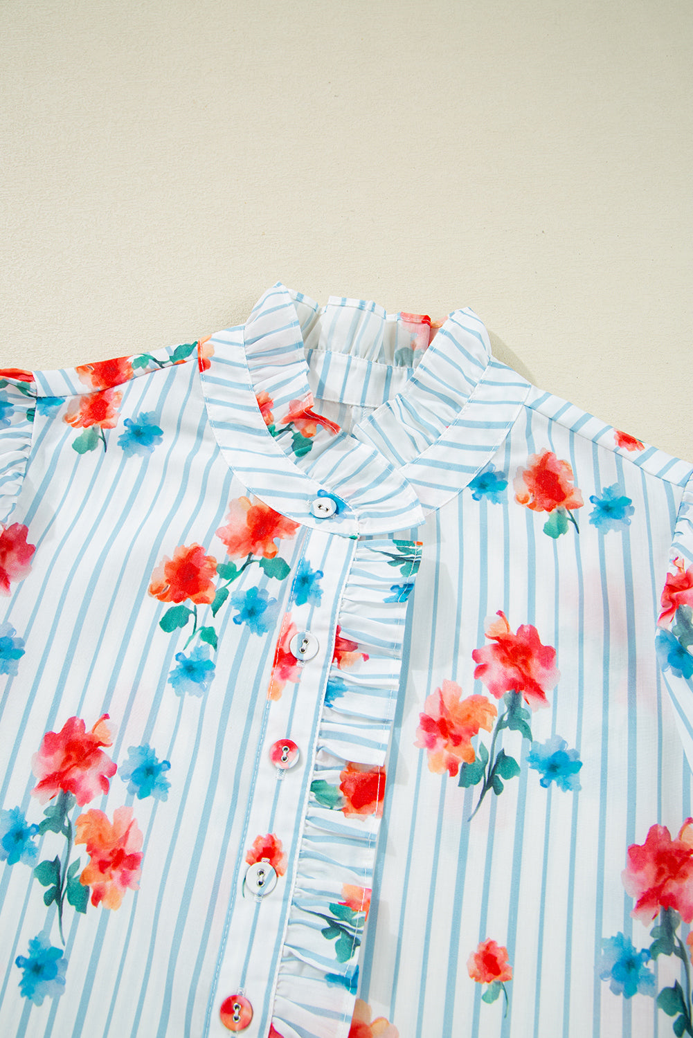 Sky Blue Striped Floral Print Ruffle Belted Mini Dress