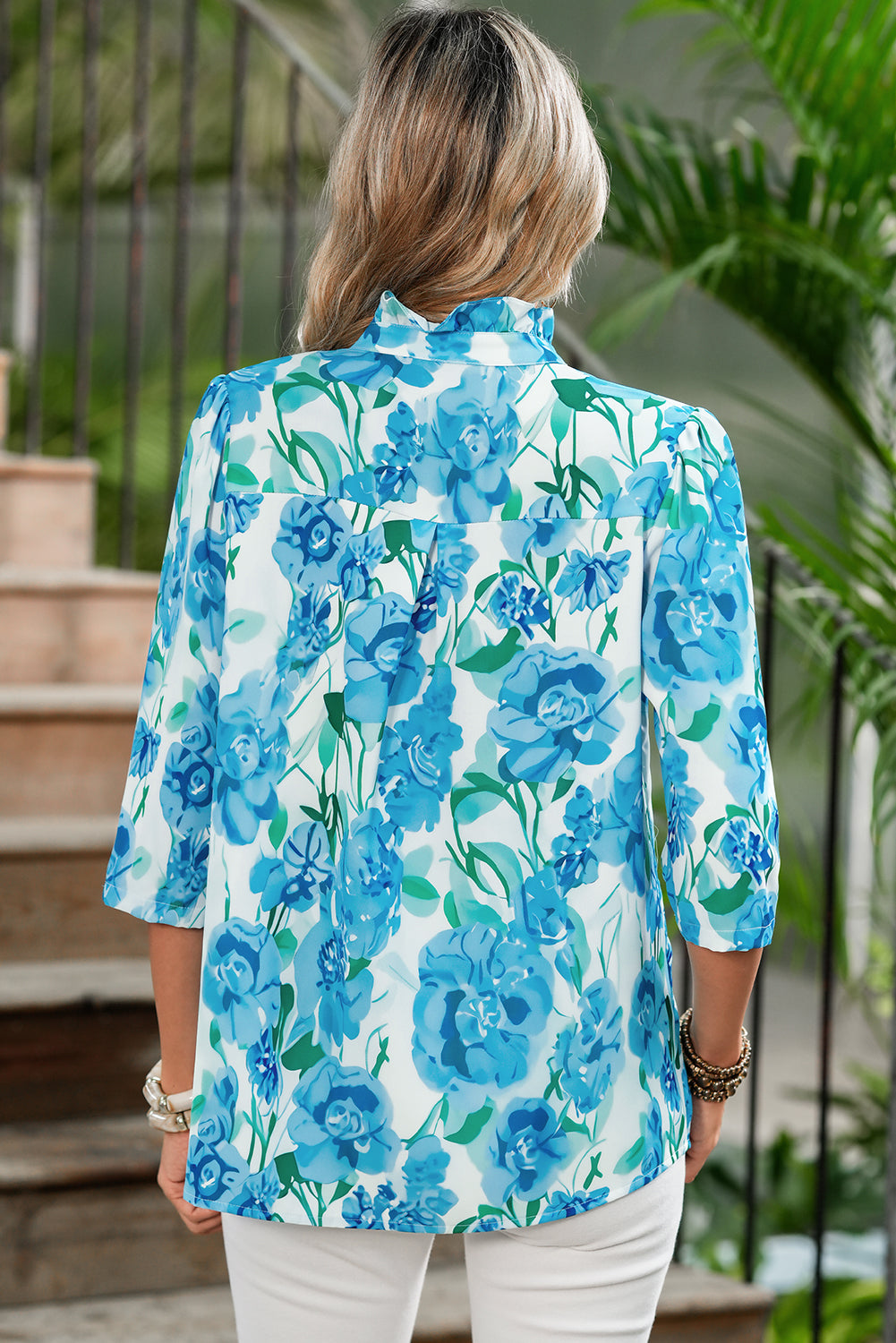 Green Floral Print Stand Neck Puff Sleeve Shirt