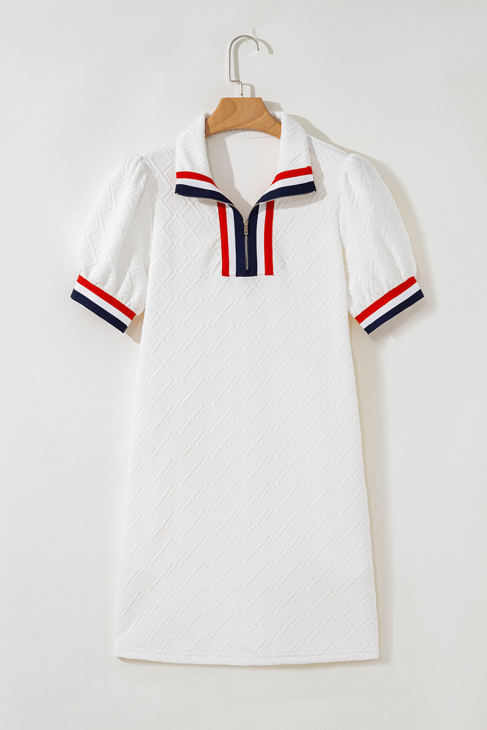 White Pop of Color Neckline Checkered Textured Puff Sleeve Mini Dress