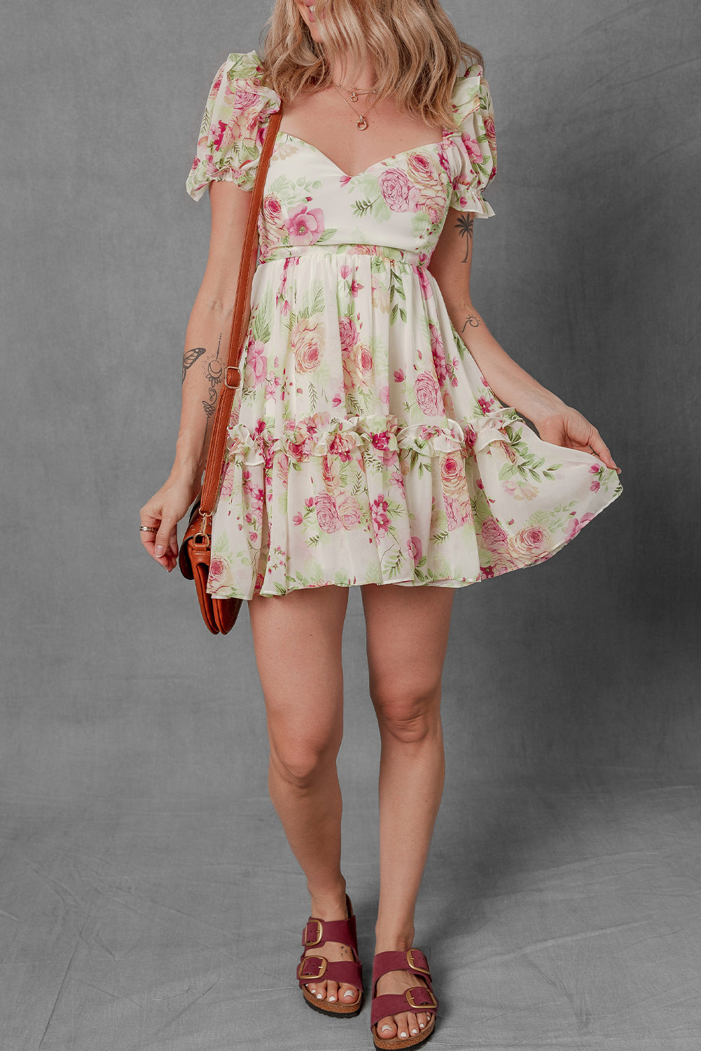 White Floral Print Sweetheart Neck Bubble Sleeve Ruffle Mini Dress