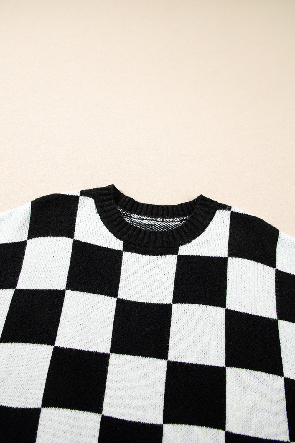 Light French Beige Checkered Knit Dolman Short Sleeve Sweater