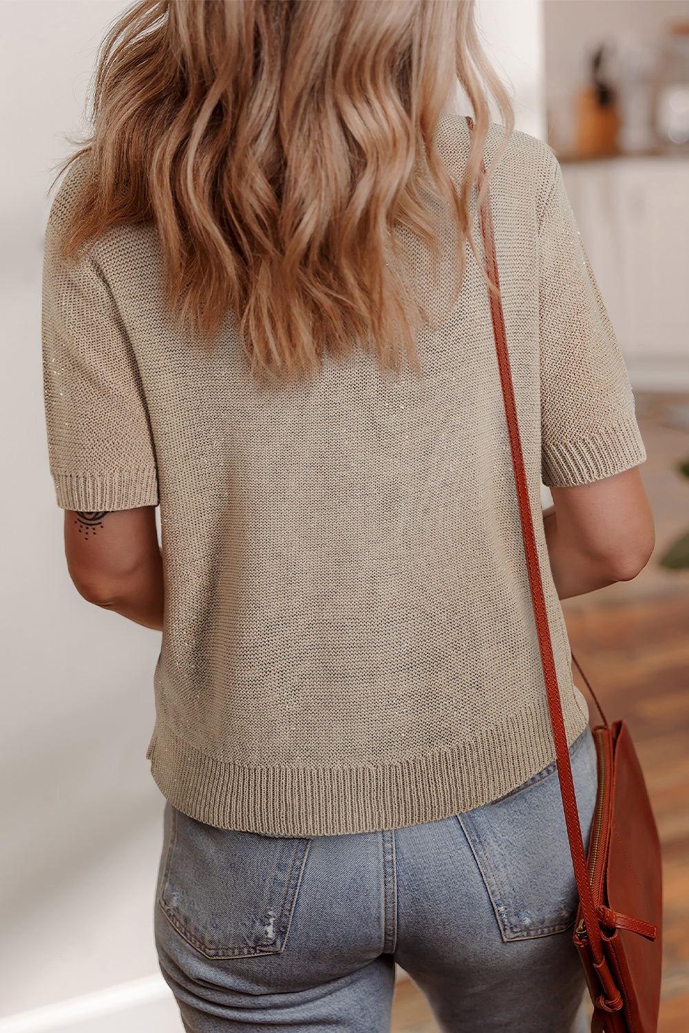 Beige Shiny Plain Short Sleeve Knit Top