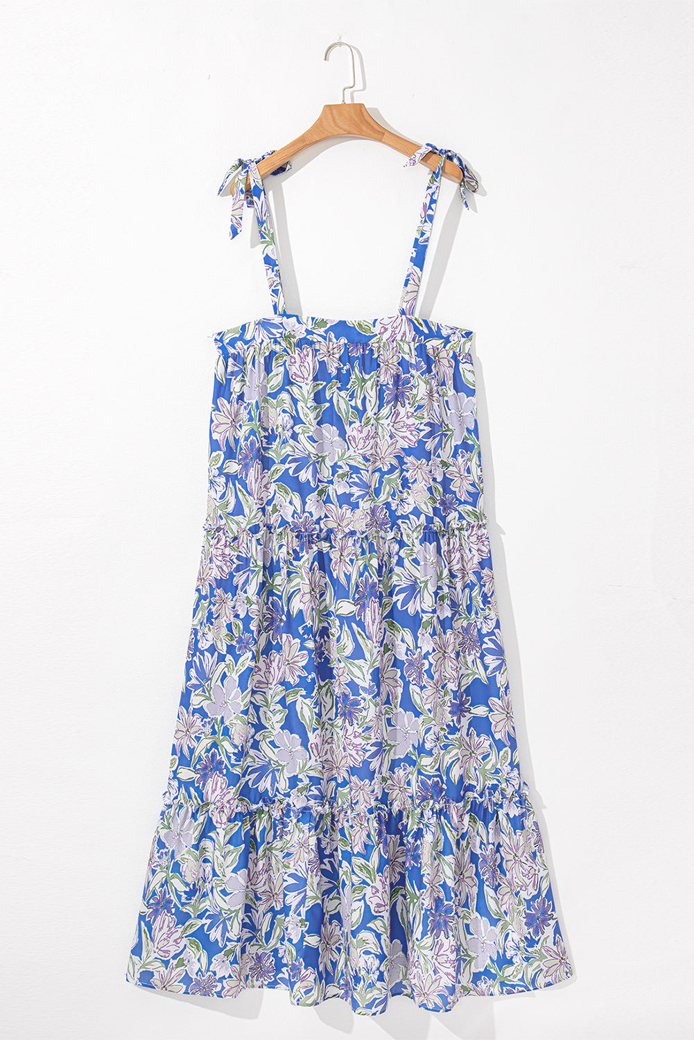 Sky Blue Floral Print Tie Straps Flowy Ruffle Maxi Dress
