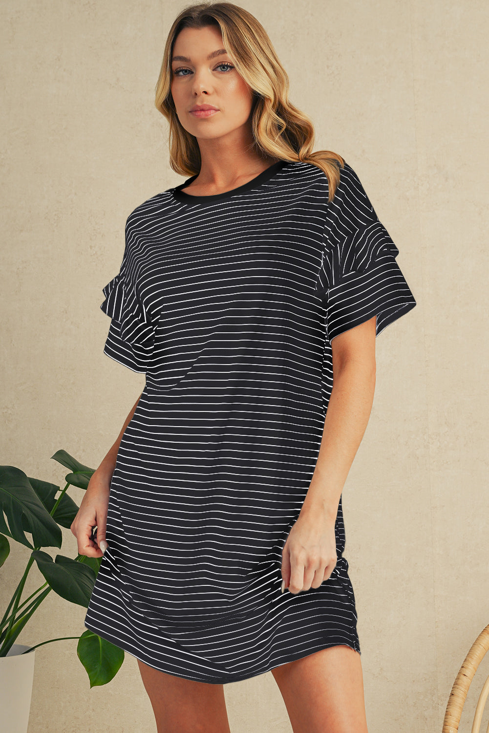Green Stripe Ruffle Short Sleeve T Shirt Mini Dress