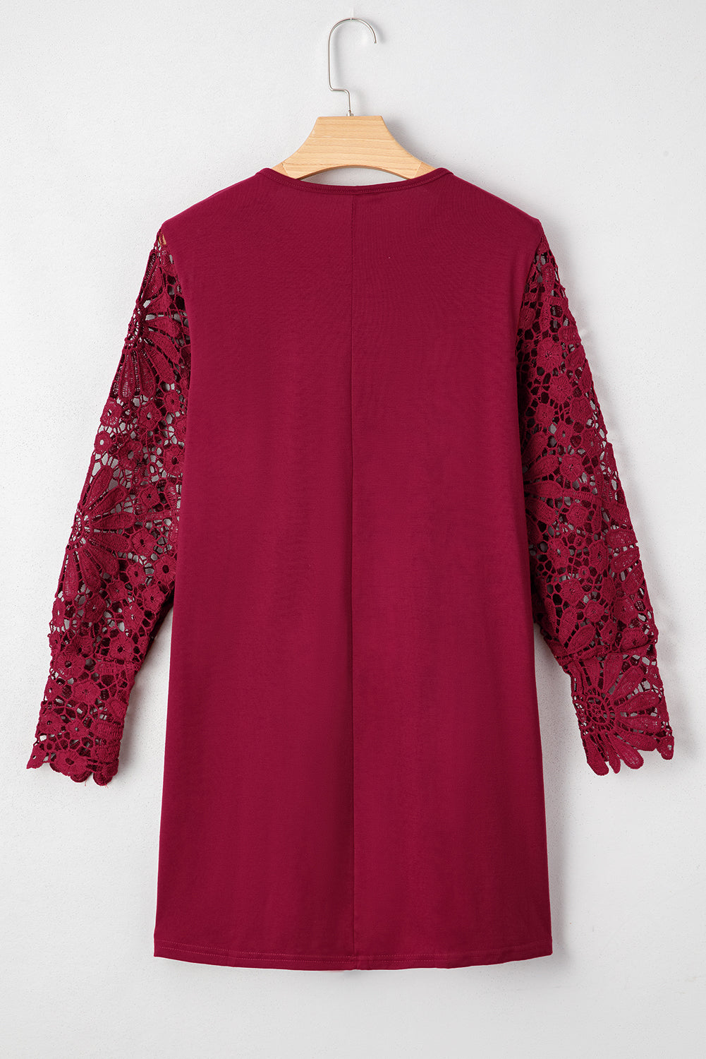 Burgundy Pleated Lace Sleeve Shift Mini Dress
