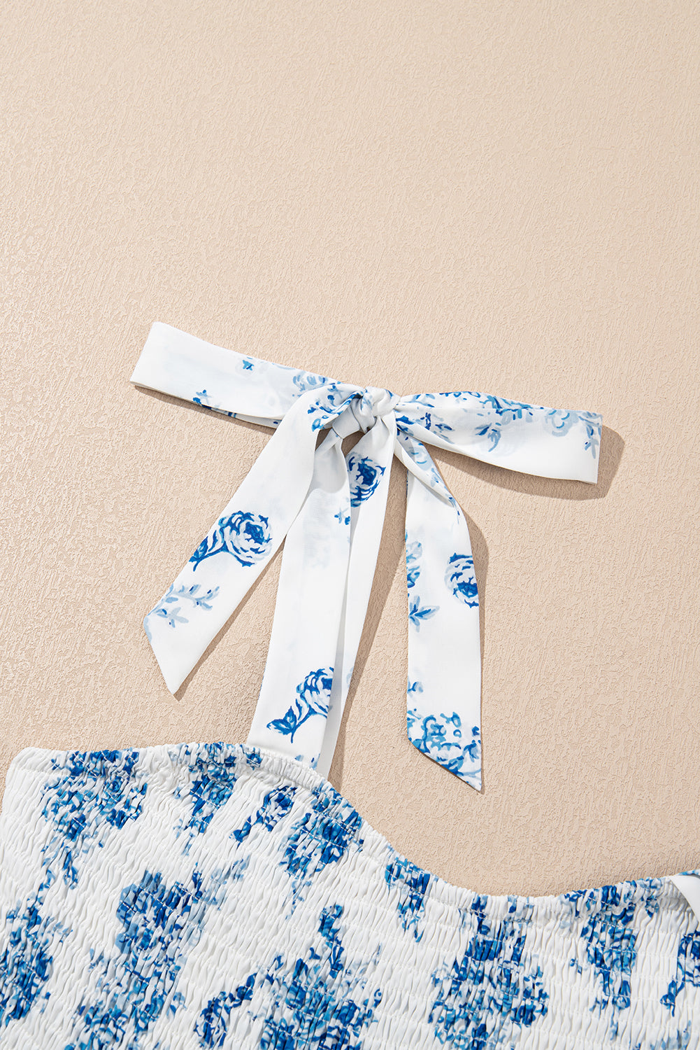 Sky Blue Floral Print Smocked Knot Shoulder Sleeveless Midi Dress