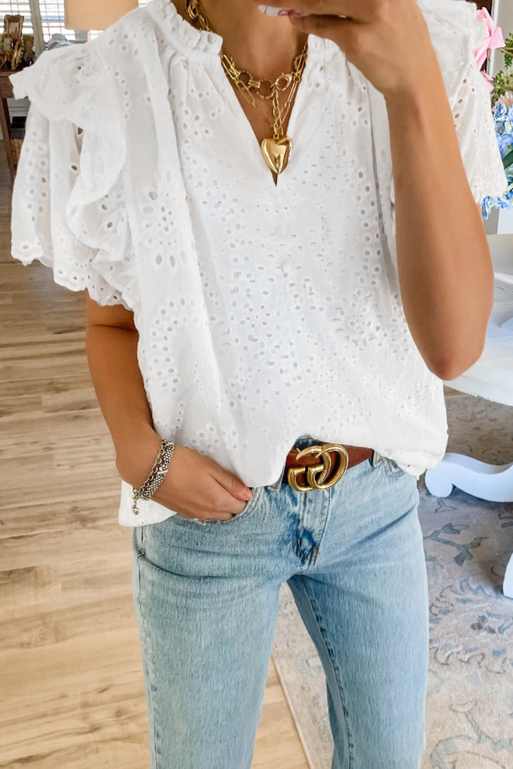 White Eyelet Flutter Sleeve V Neck Blouse