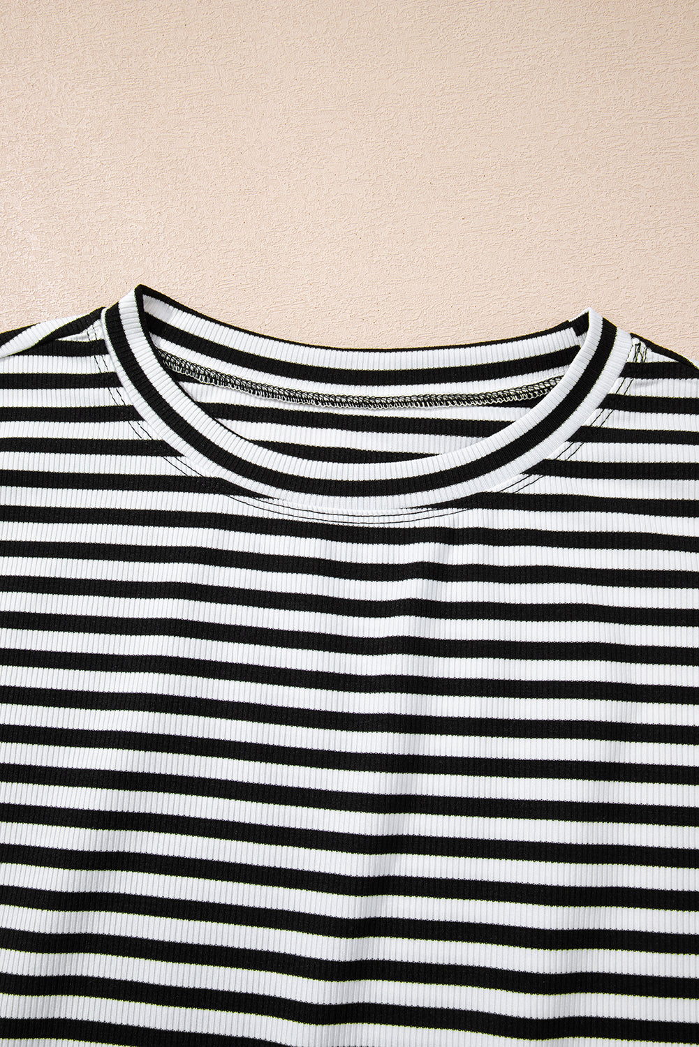 Red Stripe Ribbed Cap Sleeve Round Neck T Shirt