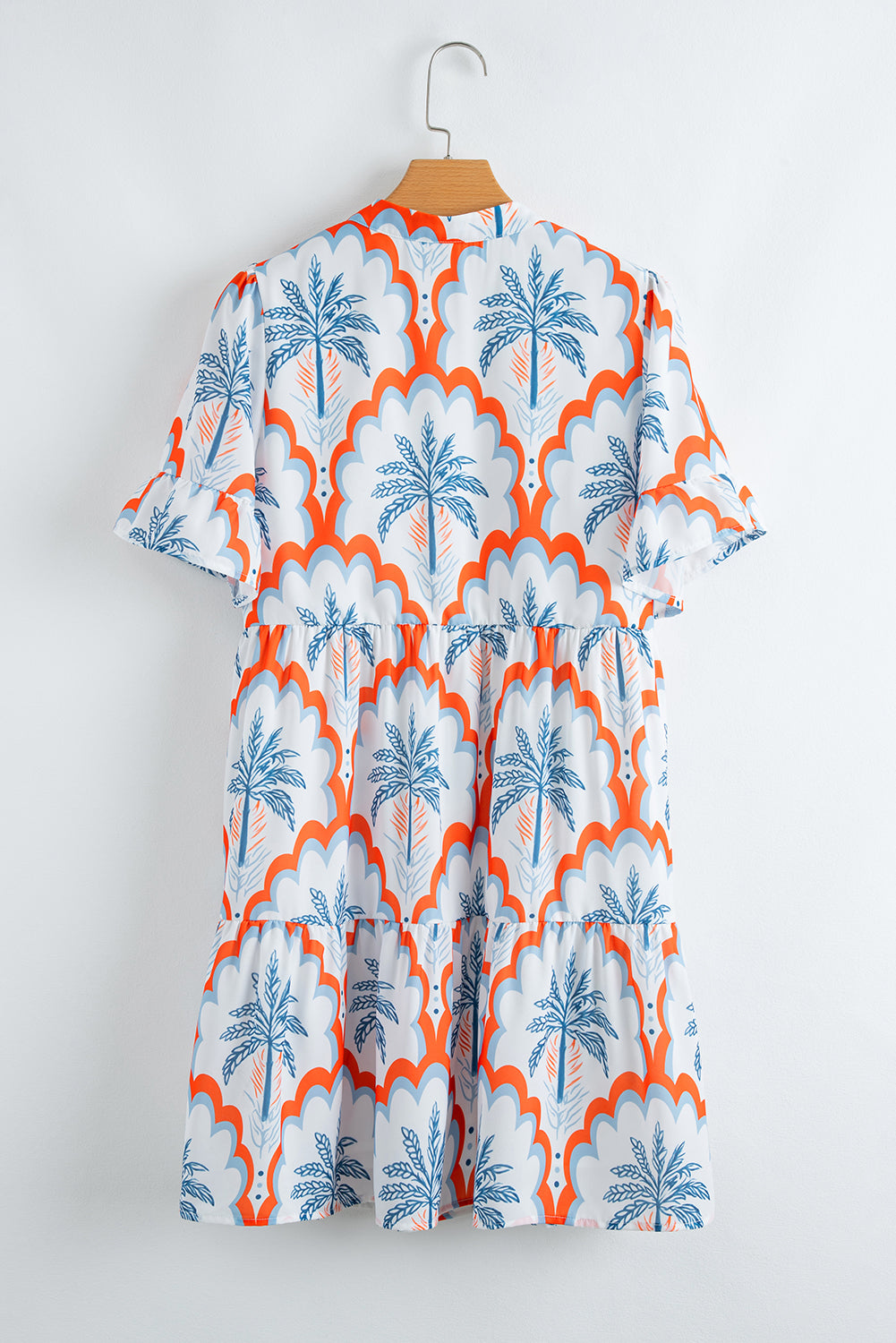Orange Palm Tree Print Short Sleeve Flowy Dress