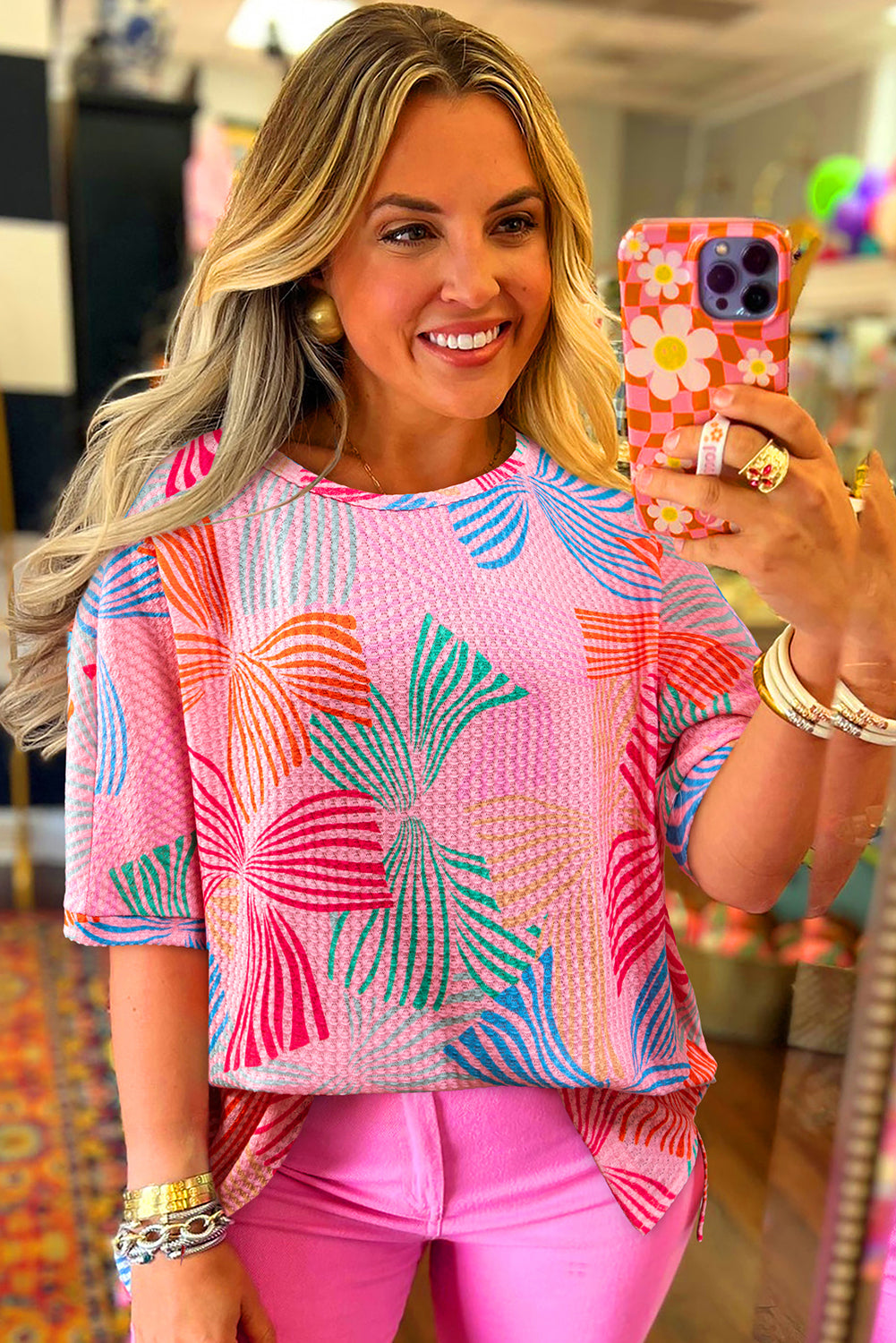 Sky Blue Bowknot Print Waffle Loose Tee