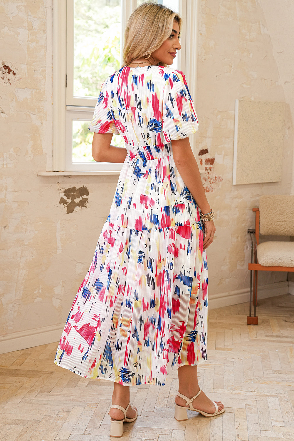 Sky Blue Abstract Print Short Puff Sleeve Tiered Maxi Dress