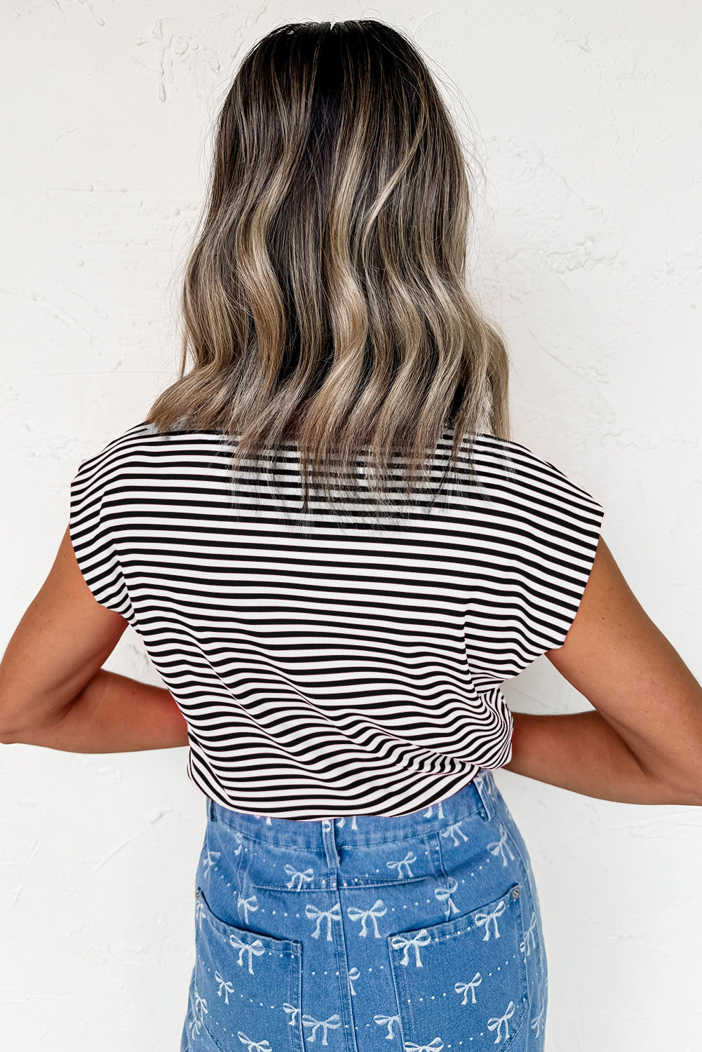 Red Stripe Ribbed Cap Sleeve Round Neck T Shirt