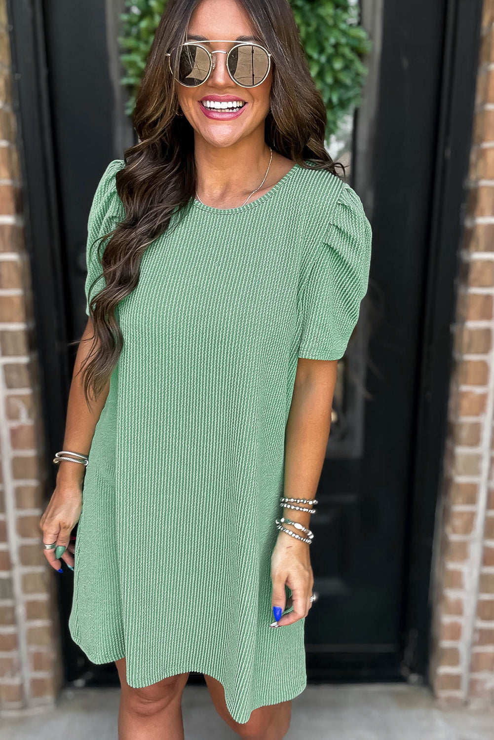 Blossom Corded Crew Neck Puff Sleeve Mini Dress