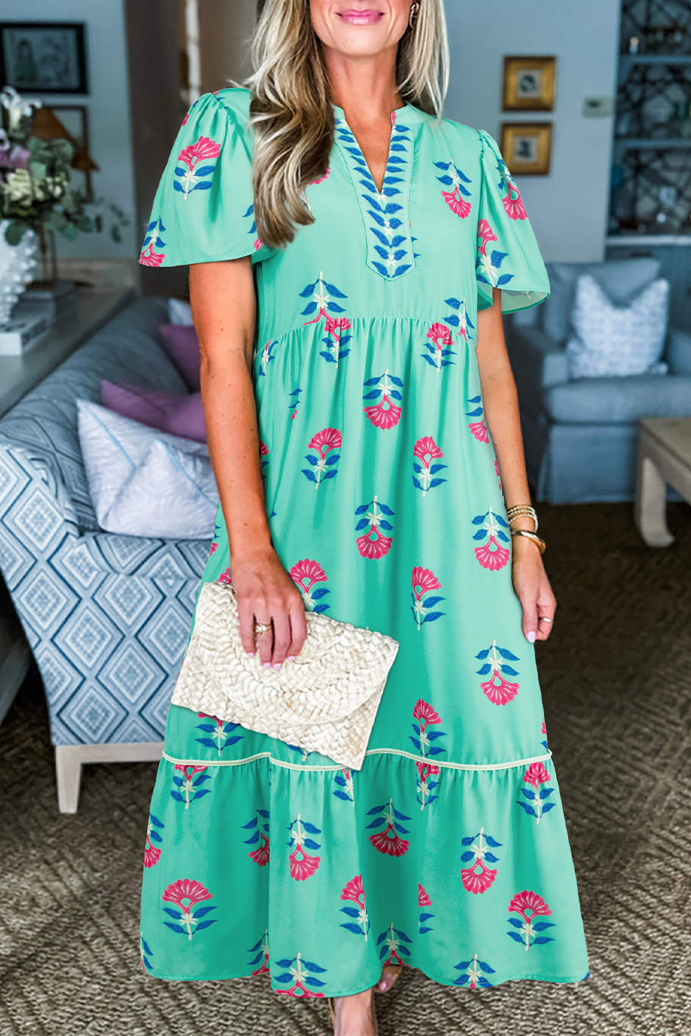 Blue Floral Print Notched Neck Flounce Sleeve Maxi Dress