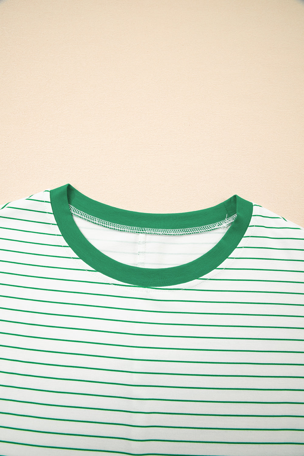 Green Stripe Ruffle Short Sleeve T Shirt Mini Dress
