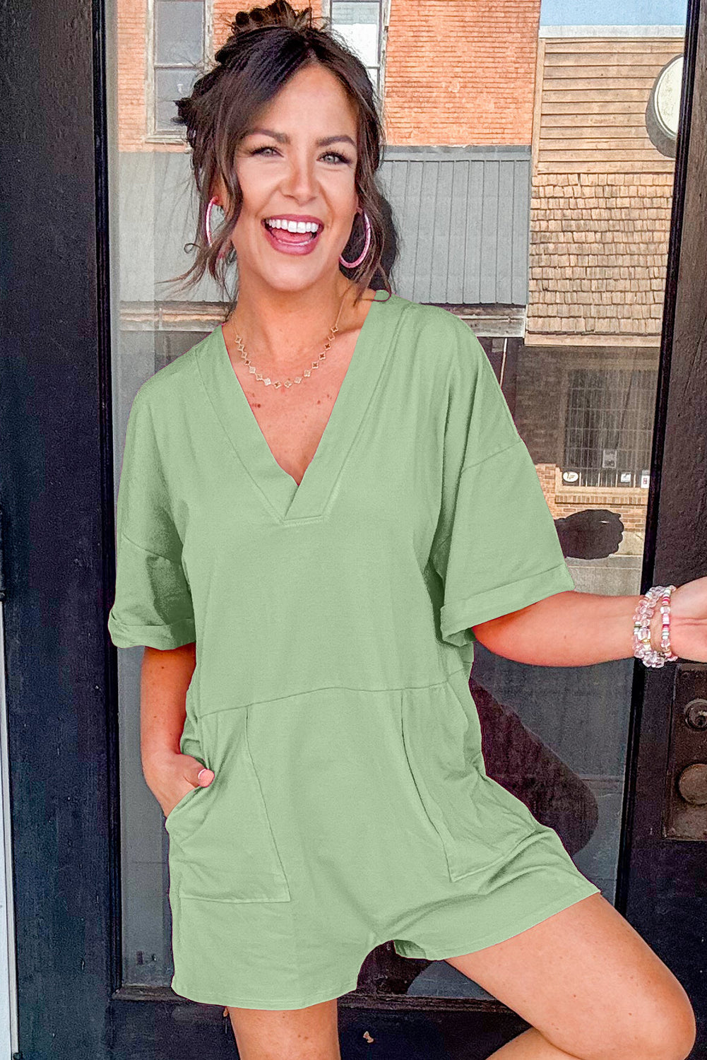 Myosotis Loose Half Sleeve V Neck Plain Romper