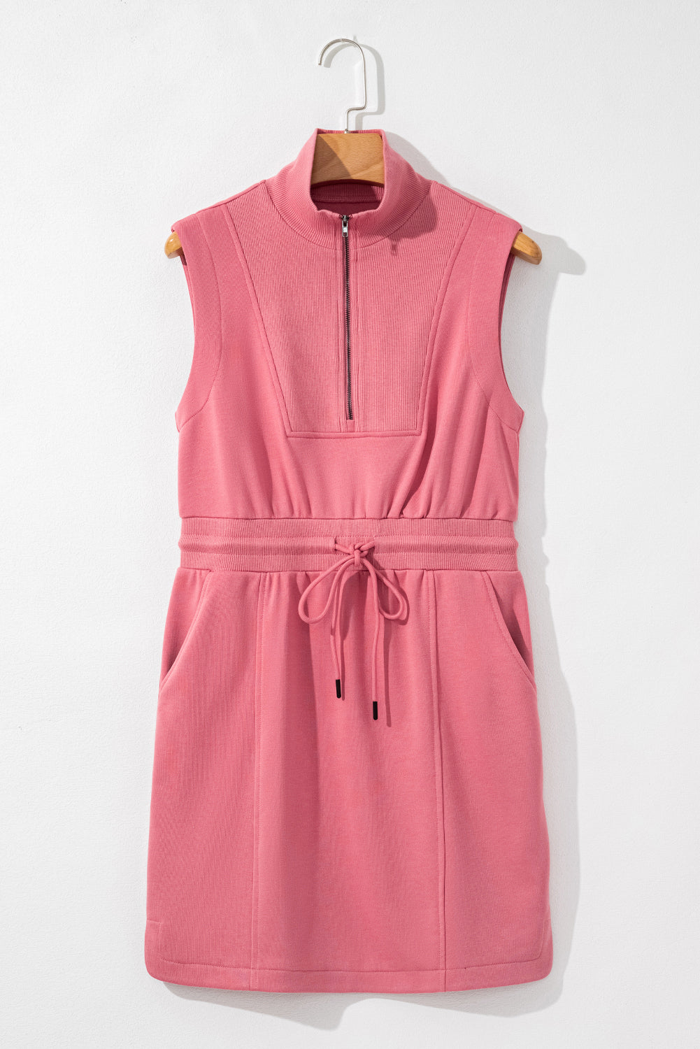 Black Terry Zipped Collar Sleeveless Drawstring Waist Mini Dress