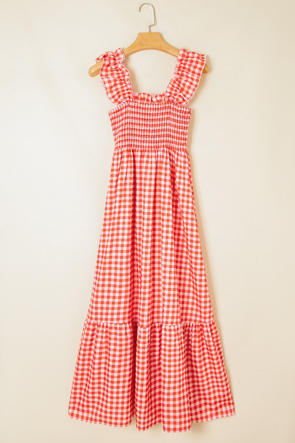 Red Plaid Square Neck Sleeveless Maxi Dress