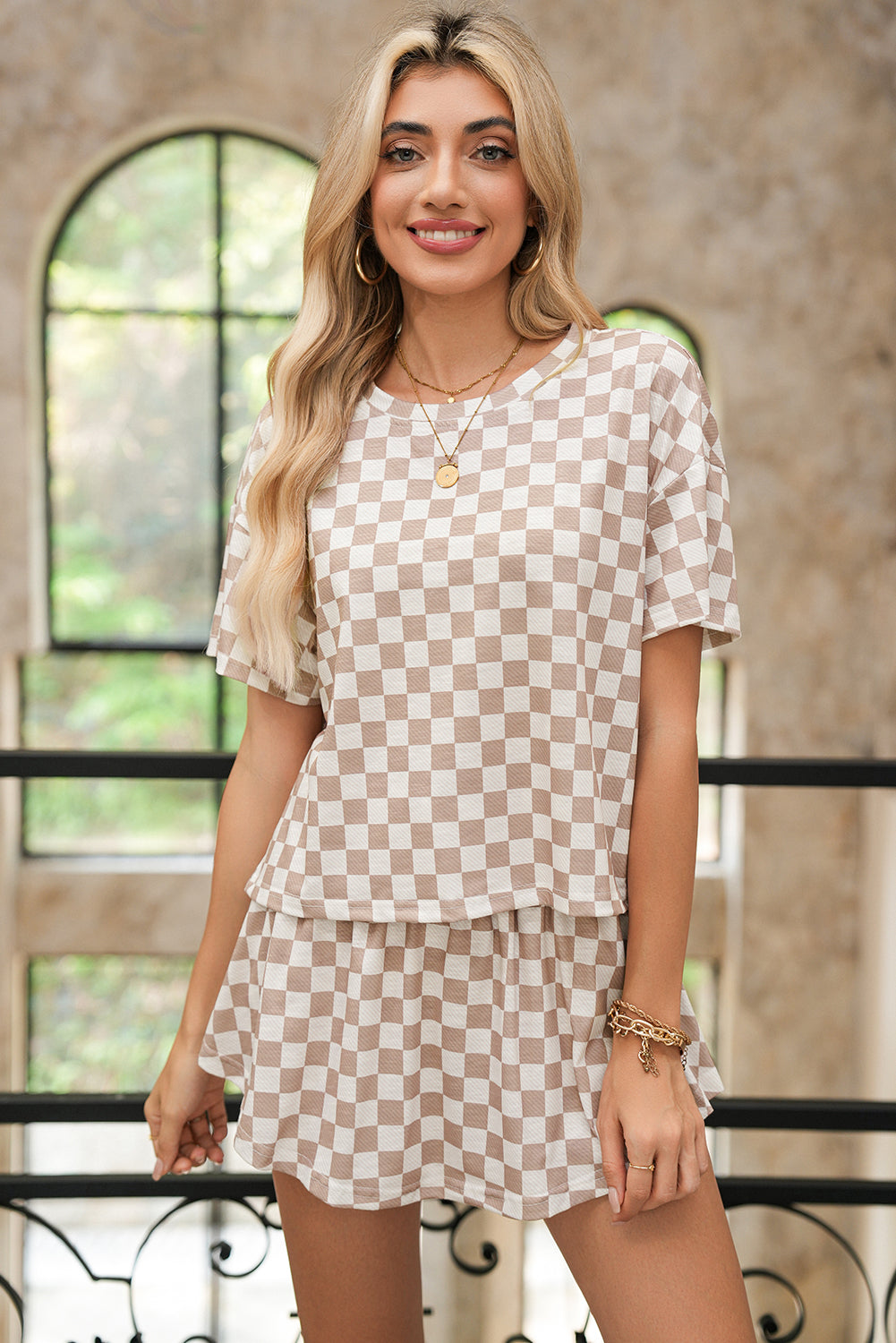 Black Checkerboard T Shirt and High Waist Skorts Set