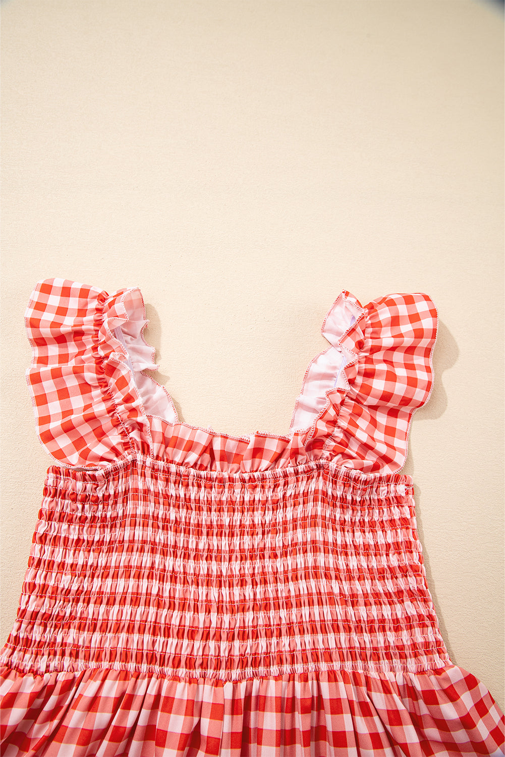 Red Plaid Square Neck Sleeveless Maxi Dress