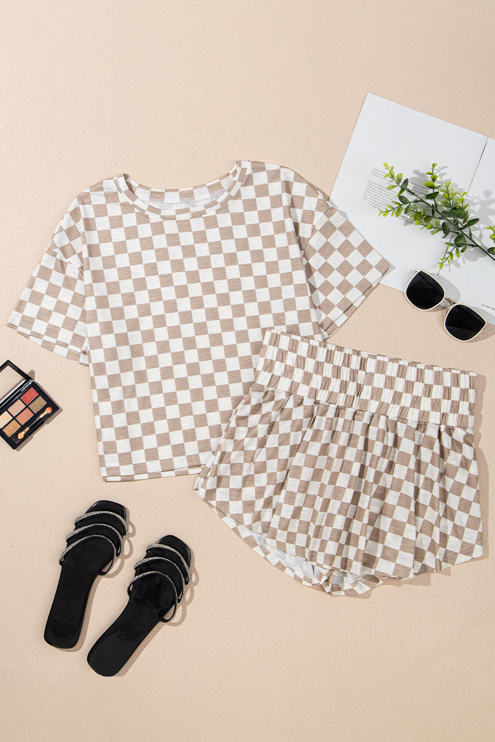 Black Checkerboard T Shirt and High Waist Skorts Set