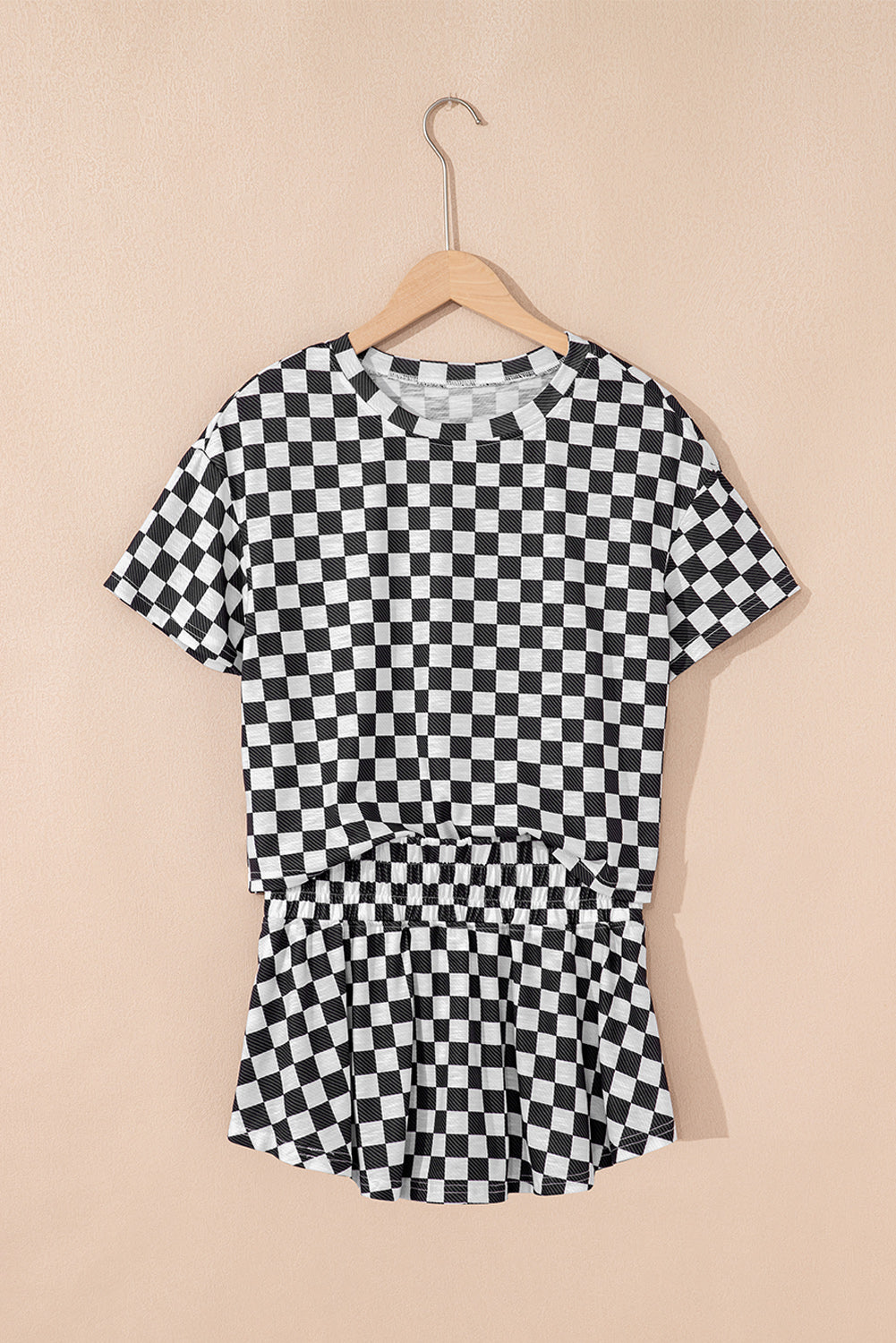 Black Checkerboard T Shirt and High Waist Skorts Set