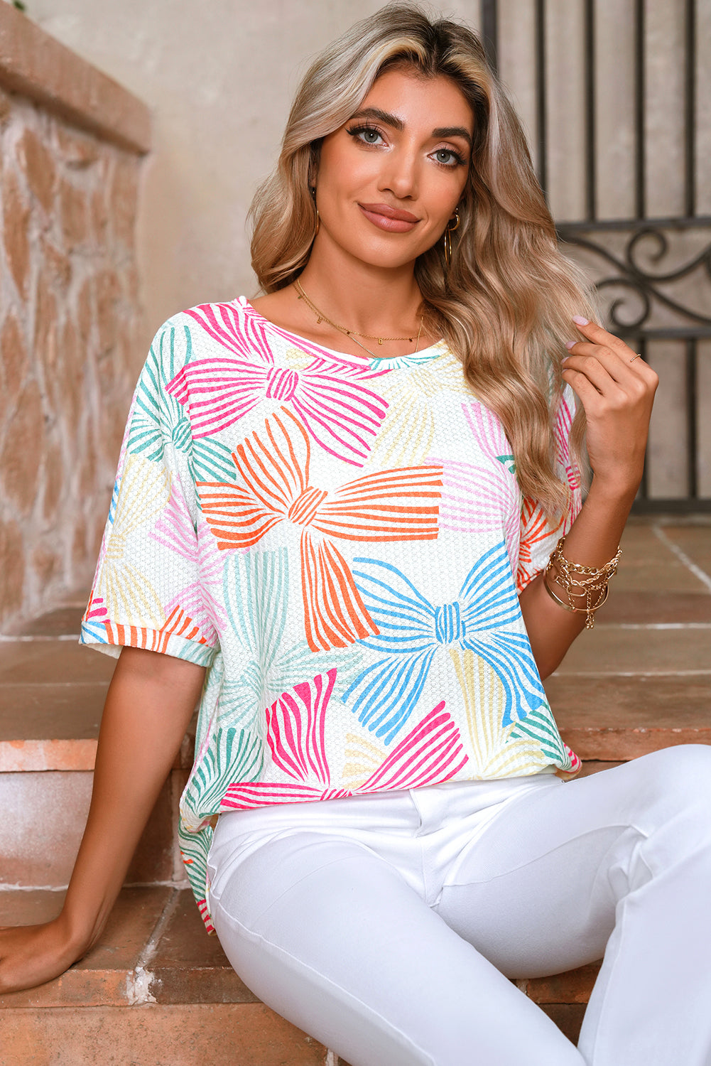 Sky Blue Bowknot Print Waffle Loose Tee