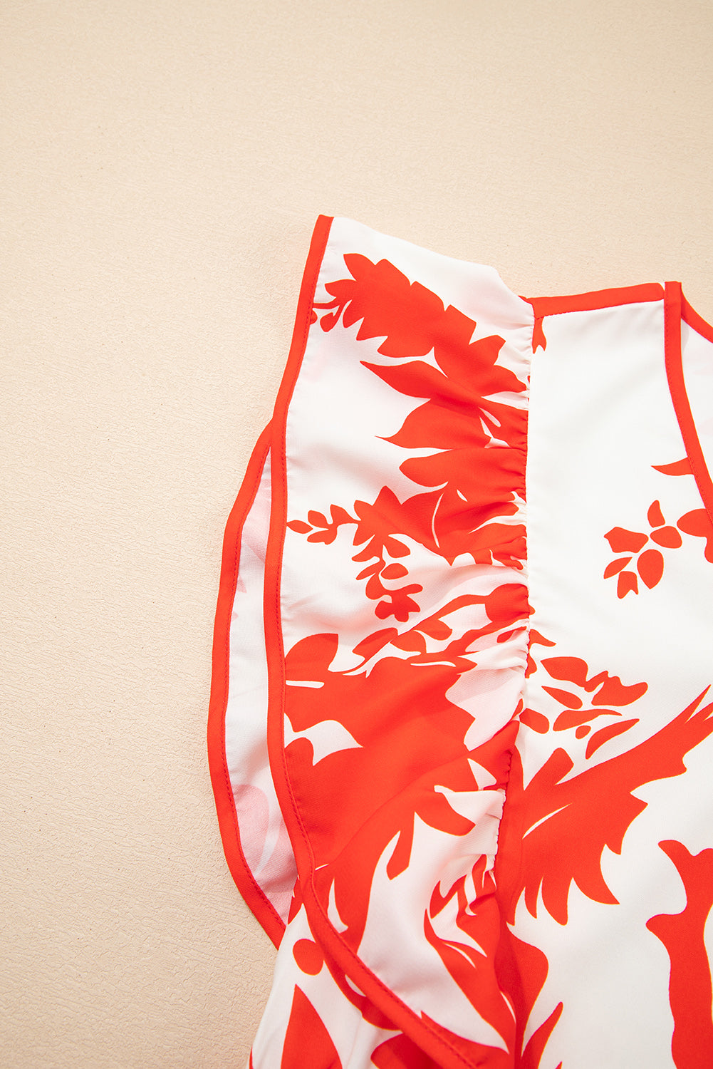 Red Floral Print Trimmed V Neck Ruffle Sleeve Maxi Dress
