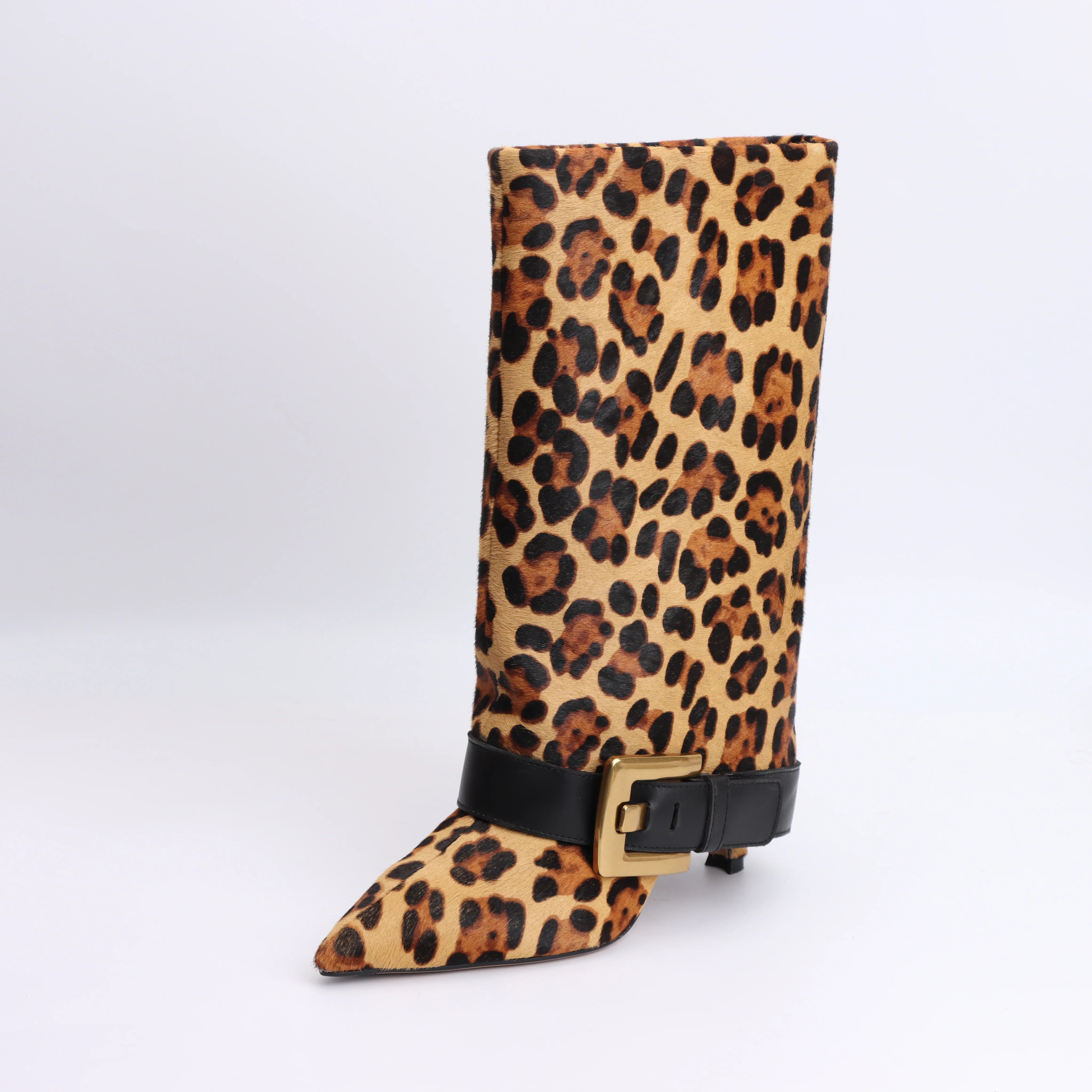 Designer 2025 Winter Luxury New Fashion Leopard Pattern Leather Metal Buckle High Heel Boots Pointed Thin Heel Leg Boots