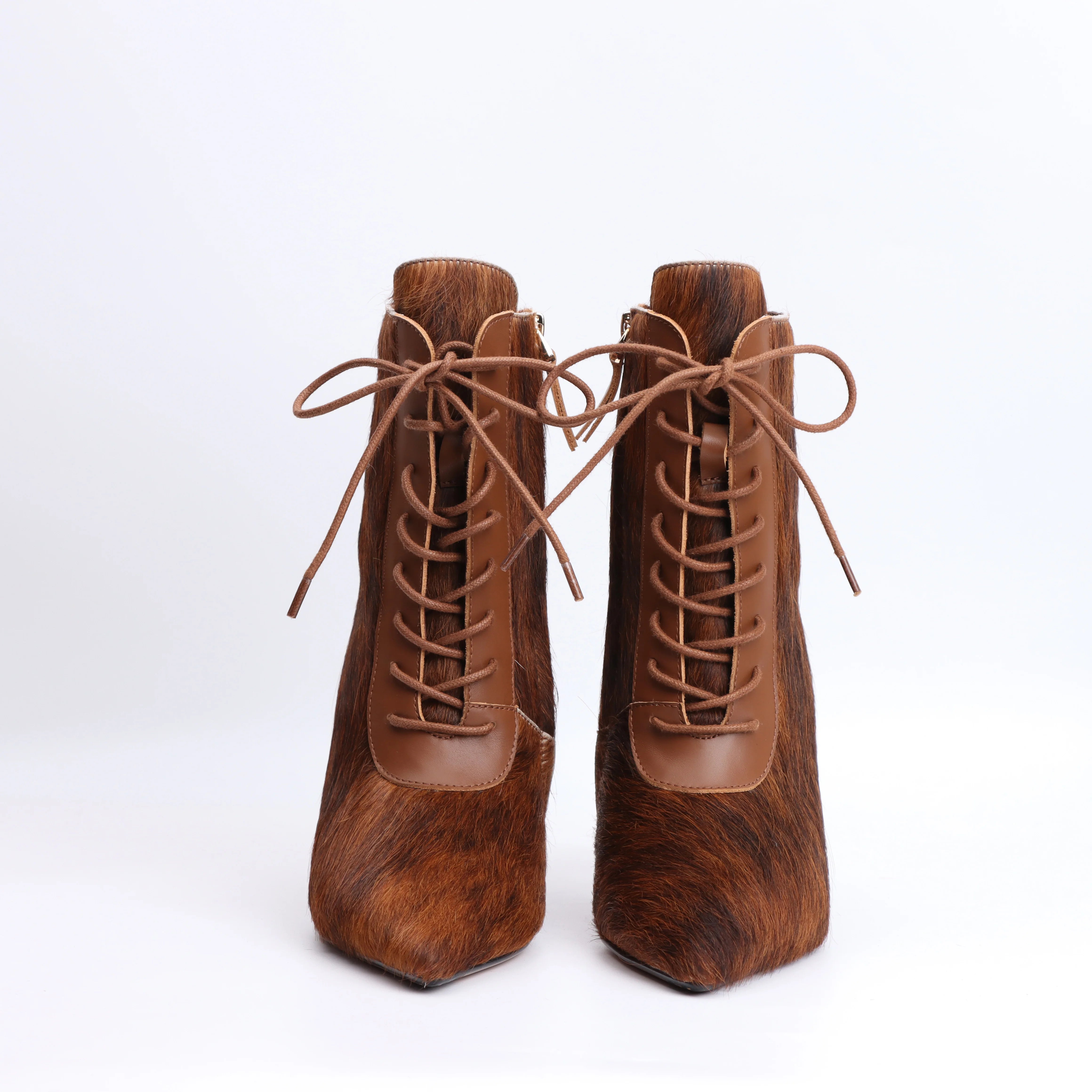 2025 designer women's British style pointed short boots with high, thin heels and lace up real leather boots