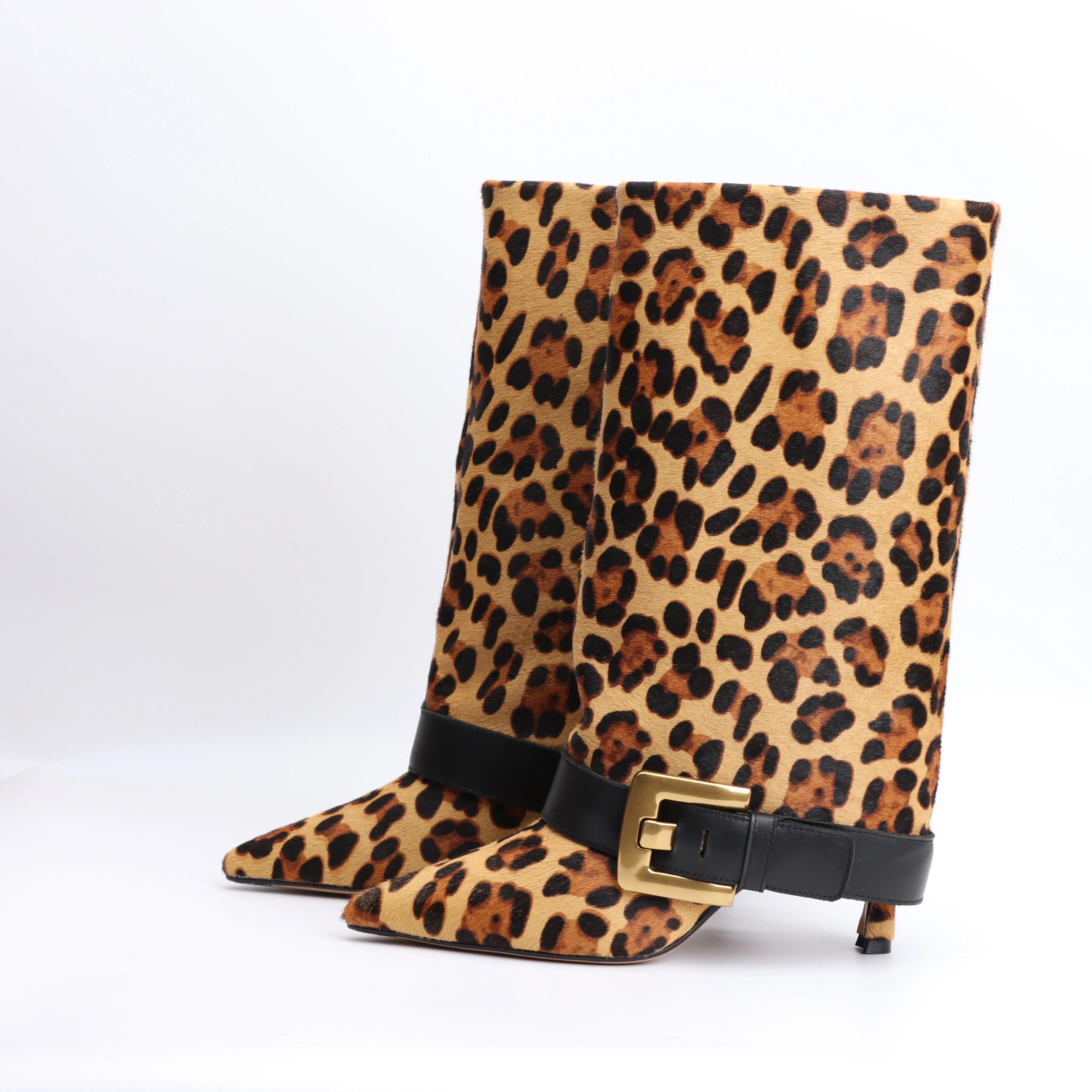 Designer 2025 Winter Luxury New Fashion Leopard Pattern Leather Metal Buckle High Heel Boots Pointed Thin Heel Leg Boots