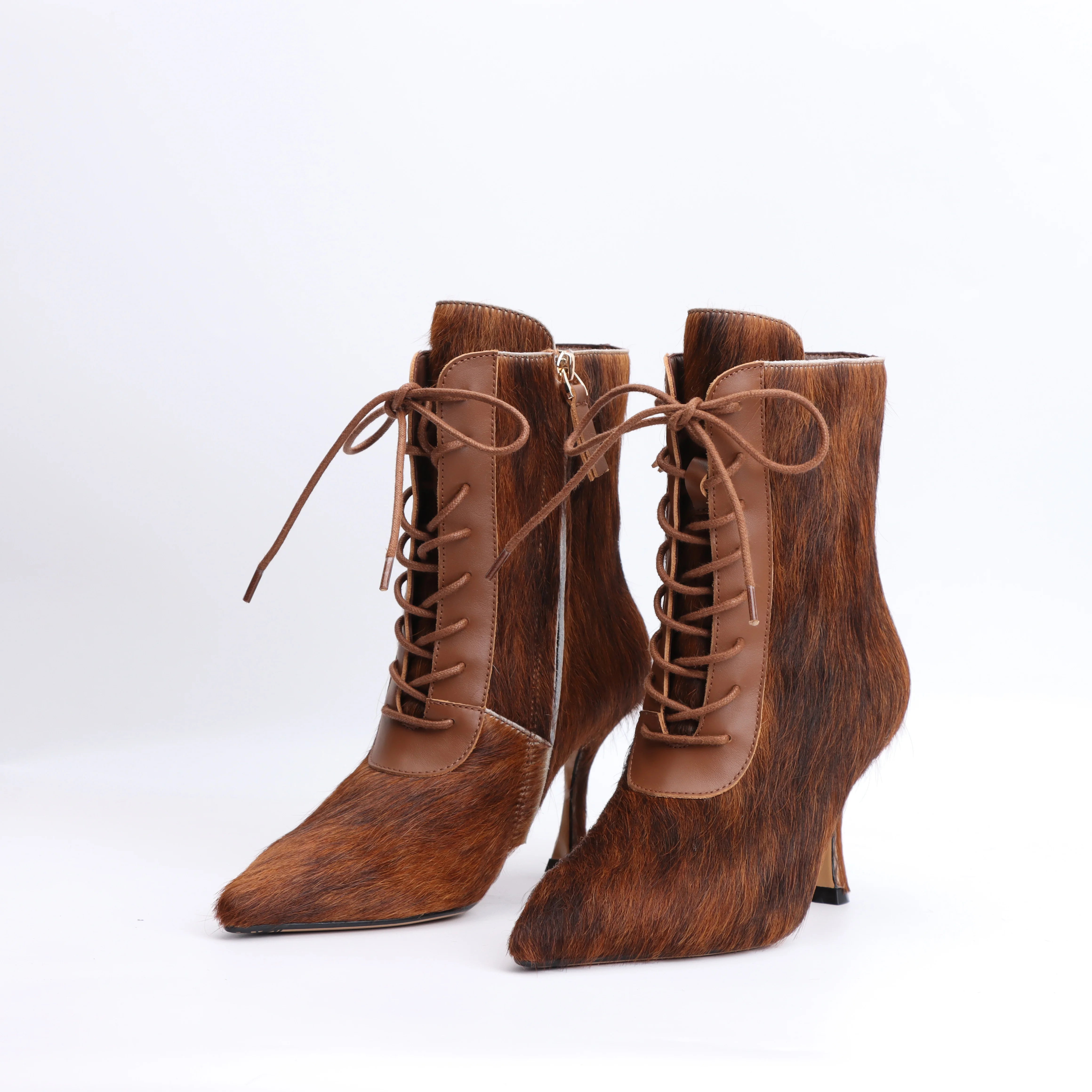 2025 designer women's British style pointed short boots with high, thin heels and lace up real leather boots