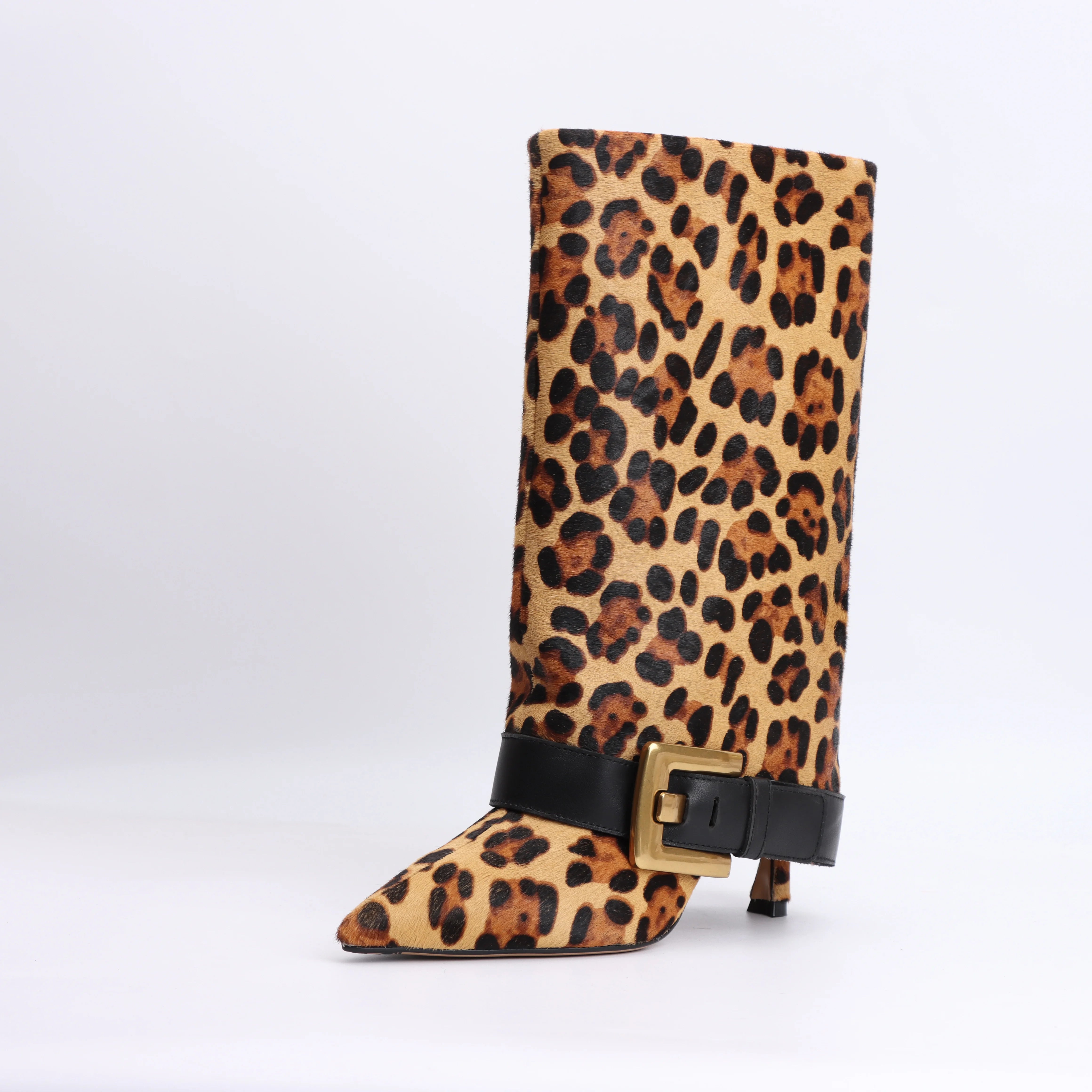 Designer 2025 Winter Luxury New Fashion Leopard Pattern Leather Metal Buckle High Heel Boots Pointed Thin Heel Leg Boots