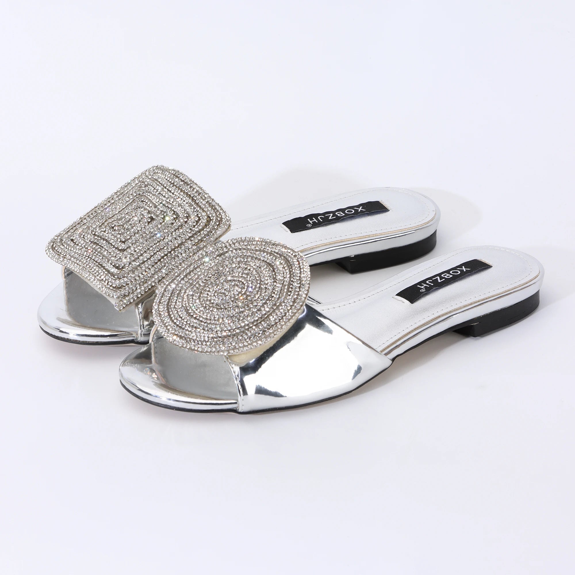 2025 Round toe Slippers Luxury Designer Gold Flat Rhinestone Sandals Ladies Mules Shoes for Women Summer Dress Wedding Party