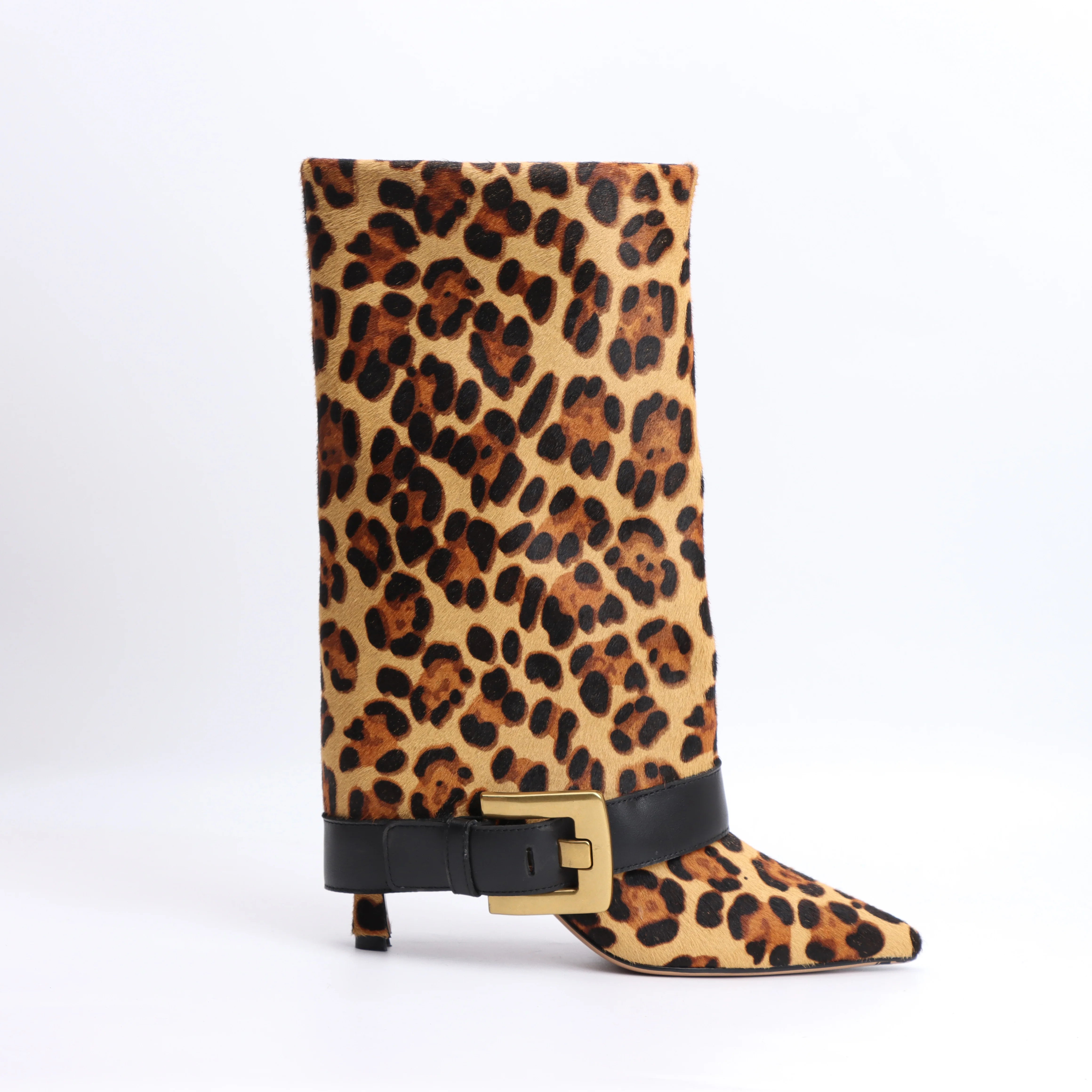 Designer 2025 Winter Luxury New Fashion Leopard Pattern Leather Metal Buckle High Heel Boots Pointed Thin Heel Leg Boots