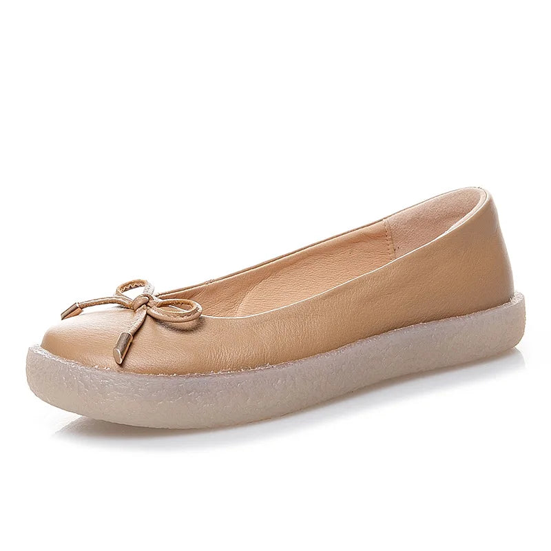 WOIZGIC Women's Ladies Female Mother White Genuine Leather Shoes Flats Non Slip On Casual Bow Plus Size 43 42 JZ-19111