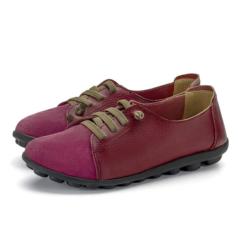 WOIZGIC Women's Genuine Leather Mother Ladies Shoes Flats Loafers Ballerina Lace Up Soft Moccains Plus Size 43 44 MX-052