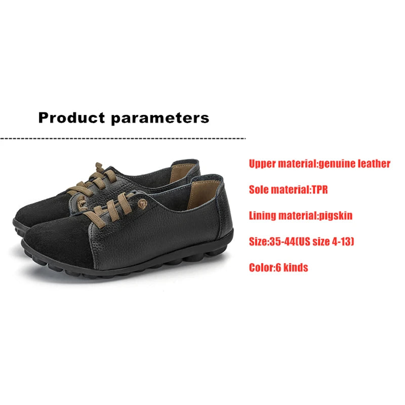 WOIZGIC Women's Genuine Leather Mother Ladies Shoes Flats Loafers Ballerina Lace Up Soft Moccains Plus Size 43 44 MX-052
