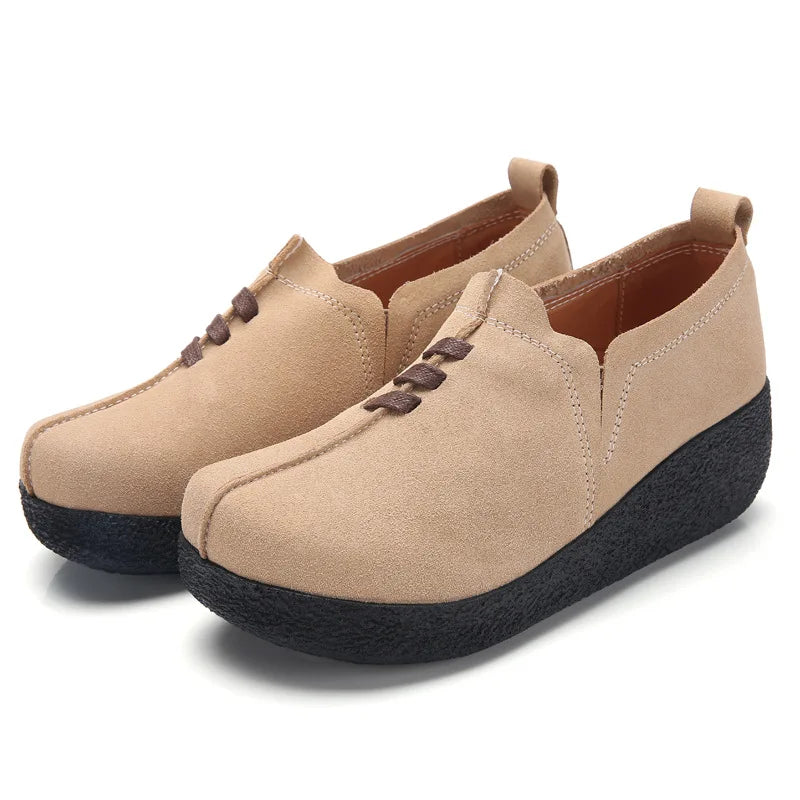 WOIZGIC Femmes Femmes Mère Dames Véritable Cuir Vache Daim Chaussures Plates Plateforme Sans Lacet Coréen Grande Taille 42 43 LLX-3022