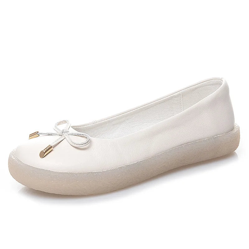WOIZGIC Women's Ladies Female Mother White Genuine Leather Shoes Flats Non Slip On Casual Bow Plus Size 43 42 JZ-19111