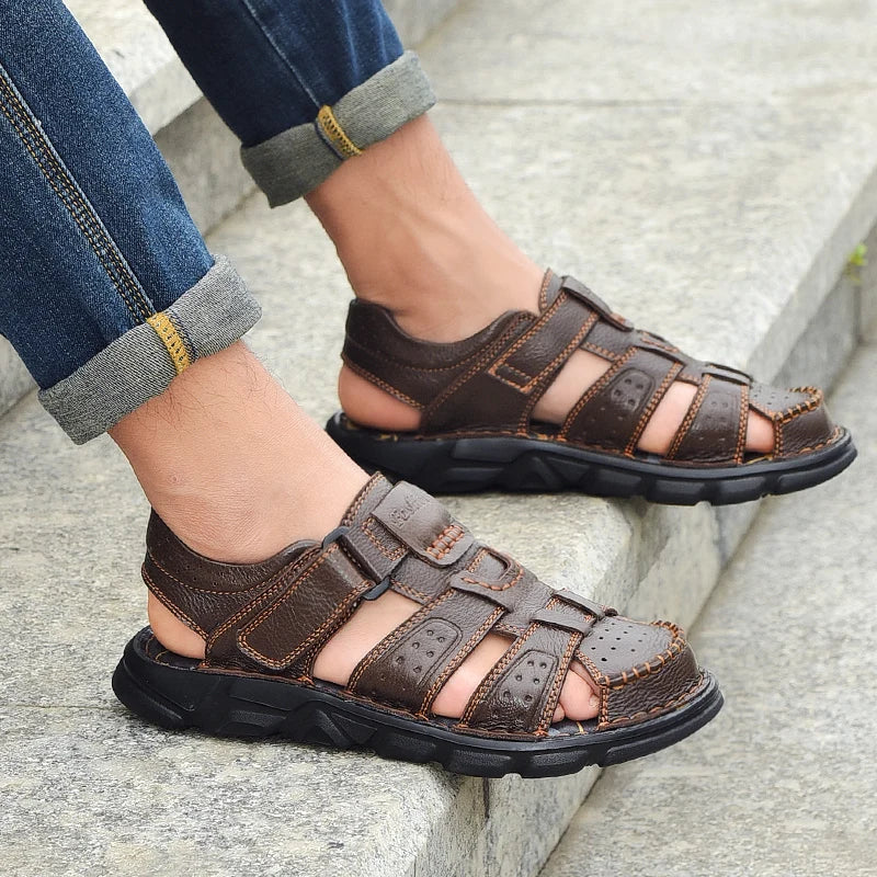 Chaussures décontractées en cuir véritable pour hommes, sandales classiques de haute qualité pour hommes, baskets d'été pour la marche en plein air, sandales respirantes pour hommes
