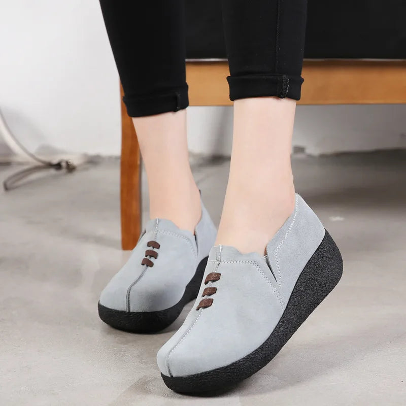 WOIZGIC Femmes Femmes Mère Dames Véritable Cuir Vache Daim Chaussures Plates Plateforme Sans Lacet Coréen Grande Taille 42 43 LLX-3022