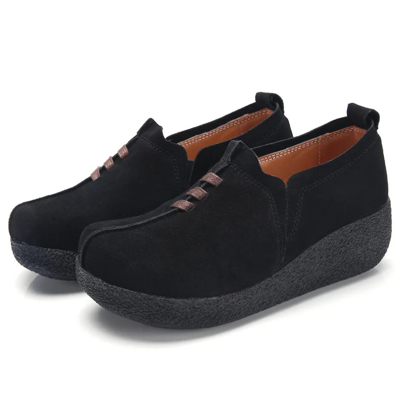 WOIZGIC Femmes Femmes Mère Dames Véritable Cuir Vache Daim Chaussures Plates Plateforme Sans Lacet Coréen Grande Taille 42 43 LLX-3022