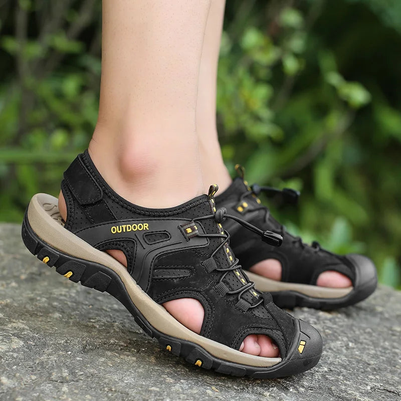 Sandales d'été pour hommes, chaussures de plage antidérapantes, faites à la main, en cuir véritable, tendance
