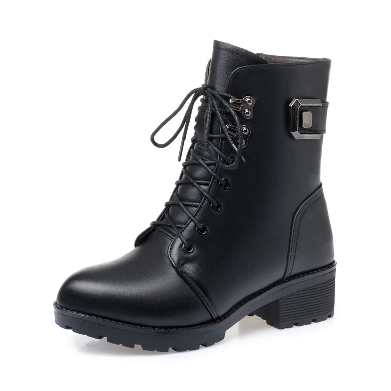 WOIZGIC Female Ladies Women Genuine Leather Ankle Boots Platform Winter Antumn Plush Fur Warm Shoes Plus Size Lace Up 35-43