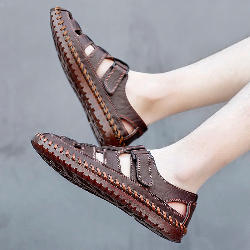 Sandales romaines d'été en cuir véritable pour hommes, chaussures décontractées pour le travail, la plage, l'extérieur, grandes tailles 38-47