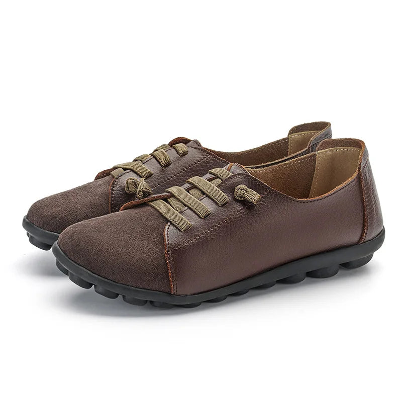 WOIZGIC Women's Genuine Leather Mother Ladies Shoes Flats Loafers Ballerina Lace Up Soft Moccains Plus Size 43 44 MX-052